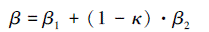 Mathematical equation: \begin{document} $ \beta=\beta_{1}+(1-\kappa) \cdot \beta_{2} $ \end{document}