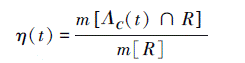 Mathematical equation: \begin{document} $ \eta(t)=\frac{m\left[\varLambda_{\boldsymbol{C}}(t) \cap R\right]}{m[R]} $ \end{document}