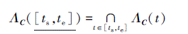 Mathematical equation: \begin{document} $ \varLambda_{\boldsymbol{C}}\left(\underline{\left[t_{\mathrm{s}}, t_{\mathrm{e}}\right]}\right)=\bigcap\limits_{t \in\left[t_{\mathrm{s}}, t_{\mathrm{e}}\right]} \varLambda_{\boldsymbol{C}}(t) $ \end{document}