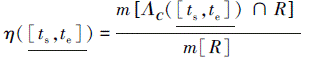 Mathematical equation: \begin{document} $ \eta\left(\underline{\left[t_{\mathrm{s}}, t_{\mathrm{e}}\right]}\right)=\frac{m\left[\varLambda_{\boldsymbol{C}}\left(\underline{\left[t_{\mathrm{s}}, t_{\mathrm{e}}\right]}\right) \cap R\right]}{m[R]} $ \end{document}