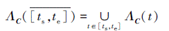 Mathematical equation: \begin{document} $ \varLambda_{\boldsymbol{C}}\left(\overline{\left[t_{\mathrm{s}}, t_{\mathrm{e}}\right]}\right)=\bigcup\limits_{t \in\left[t_{\mathrm{t}}, t_{\mathrm{e}}\right]} \varLambda_{\boldsymbol{C}}(t) $ \end{document}