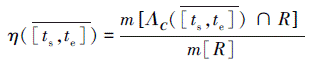 Mathematical equation: \begin{document} $ \eta\left(\overline{\left[t_{\mathrm{s}}, t_{\mathrm{e}}\right]}\right)=\frac{m\left[\varLambda_{\boldsymbol{C}}\left(\overline{\left[t_{\mathrm{s}}, t_{\mathrm{e}}\right]}\right) \cap R\right]}{m[R]} $ \end{document}