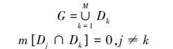 Mathematical equation: \begin{document} $ \begin{gather*} G=\bigcup\limits_{k=1}^{M} D_{k} \\ m\left[D_{j} \cap D_{k}\right]=0, j \neq k \end{gather*} $ \end{document}
