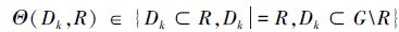 Mathematical equation: \begin{document} $ \varTheta\left(D_k, R\right) \in\left\{D_k \subset R, D_k \mid=R, D_k \subset G \backslash R\right\} $ \end{document}