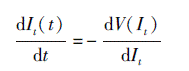 Mathematical equation: \begin{document} $ \frac{\mathrm{d} I_{t}(t)}{\mathrm{d} t}=-\frac{\mathrm{d} V\left(I_{t}\right)}{\mathrm{d} I_{t}} $ \end{document}