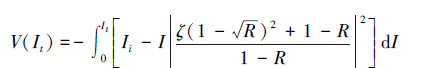 Mathematical equation: \begin{document} $ V\left(I_{t}\right)=-\int_{0}^{I_{t}}\left[I_{i}-I\left|\frac{\zeta(1-\sqrt{R})^{2}+1-R}{1-R}\right|^{2}\right] \mathrm{d} I $ \end{document}