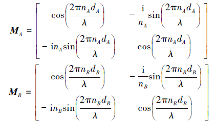 Mathematical equation: \begin{document} $ \begin{align*} & \boldsymbol{M}_{A}=\left[\begin{array}{cc} \cos \left(\frac{2 {\rm{\mathsf{π}}} n_{A} d_{A}}{\lambda}\right) & -\frac{\mathrm{i}}{n_{A}} \sin \left(\frac{2 {\rm{\mathsf{π}}} n_{A} d_{A}}{\lambda}\right) \\ -\mathrm{i} n_{A} \sin \left(\frac{2 {\rm{\mathsf{π}}} n_{A} d_{A}}{\lambda}\right) & \cos \left(\frac{2 {\rm{\mathsf{π}}} n_{A} d_{A}}{\lambda}\right) \end{array}\right] \\ & \boldsymbol{M}_{B}=\left[\begin{array}{cc} \cos \left(\frac{2 {\rm{\mathsf{π}}} n_{B} d_{B}}{\lambda}\right) & -\frac{\mathrm{i}}{n_{B}} \sin \left(\frac{2 {\rm{\mathsf{π}}} n_{B} d_{B}}{\lambda}\right) \\ -\mathrm{i} n_{B} \sin \left(\frac{2 {\rm{\mathsf{π}}} n_{B} d_{B}}{\lambda}\right) & \cos \left(\frac{2 {\rm{\mathsf{π}}} n_{B} d_{B}}{\lambda}\right) \end{array}\right] \end{align*} $ \end{document}