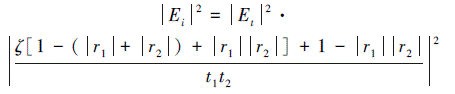 Mathematical equation: \begin{document} $ \begin{gather*} \left|E_{i}\right|^{2}=\left|E_{t}\right|^{2} \cdot \\ \left|\frac{\zeta\left[1-\left(\left|r_{1}\right|+\left|r_{2}\right|\right)+\left|r_{1}\right|\left|r_{2}\right|\right]+1-\left|r_{1}\right|\left|r_{2}\right|}{t_{1} t_{2}}\right|^{2} \end{gather*} $ \end{document}