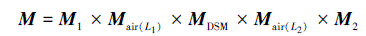 Mathematical equation: \begin{document} $ \boldsymbol{M}=\boldsymbol{M}_{1} \times \boldsymbol{M}_{\mathrm{air}\left(L_{1}\right)} \times \boldsymbol{M}_{\mathrm{DSM}} \times \boldsymbol{M}_{\mathrm{air}\left(L_{2}\right)} \times \boldsymbol{M}_{2} $ \end{document}