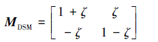 Mathematical equation: \begin{document} $ \boldsymbol{M}_{\mathrm{DSM}}=\left[\begin{array}{cc} 1+\zeta & \zeta \\ -\zeta & 1-\zeta \end{array}\right] $ \end{document}