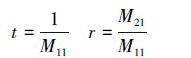 Mathematical equation: \begin{document} $ t=\frac{1}{M_{11}} \quad r=\frac{M_{21}}{M_{11}} $ \end{document}