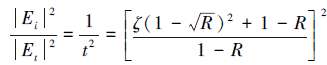 Mathematical equation: \begin{document} $ \frac{\left|E_{i}\right|^{2}}{\left|E_{t}\right|^{2}}=\frac{1}{t^{2}}=\left[\frac{\zeta(1-\sqrt{R})^{2}+1-R}{1-R}\right]^{2} $ \end{document}