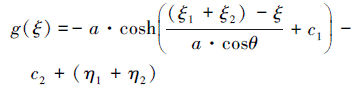 Mathematical equation: \begin{document} $ \begin{align*} g(\xi) & =-a \cdot \cosh \left(\frac{\left(\xi_{1}+\xi_{2}\right)-\xi}{a \cdot \cos \theta}+c_{1}\right)- \\ & c_{2}+\left(\eta_{1}+\eta_{2}\right) \end{align*} $ \end{document}