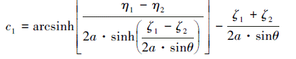 Mathematical equation: \begin{document} $ c_1=\operatorname{arcsinh}\left[\frac{\eta_1-\eta_2}{2 a \cdot \sinh \left(\frac{\zeta_1-\zeta_2}{2 a \cdot \sin \theta}\right)}\right]-\frac{\zeta_1+\zeta_2}{2 a \cdot \sin \theta} $ \end{document}