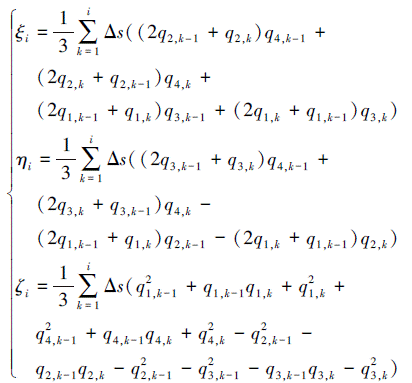 Mathematical equation: \begin{document} $ \left\{\begin{array}{l} \xi_{i}=\frac{1}{3} \sum\limits_{k=1}^{i} \Delta s\left(\left(2 q_{2, k-1}+q_{2, k}\right) q_{4, k-1}+\right. \\ \quad\left(2 q_{2, k}+q_{2, k-1}\right) q_{4, k}+ \\ \left.\quad\left(2 q_{1, k-1}+q_{1, k}\right) q_{3, k-1}+\left(2 q_{1, k}+q_{1, k-1}\right) q_{3, k}\right) \\ \eta_{i}=\frac{1}{3} \sum\limits_{k=1}^{i} \Delta s\left(\left(2 q_{3, k-1}+q_{3, k}\right) q_{4, k-1}+\right. \\ \quad\left(2 q_{3, k}+q_{3, k-1}\right) q_{4, k}- \\ \left.\quad\left(2 q_{1, k-1}+q_{1, k}\right) q_{2, k-1}-\left(2 q_{1, k}+q_{1, k-1}\right) q_{2, k}\right) \\ \zeta_{i}=\frac{1}{3} \sum\limits_{k=1}^{i} \Delta s\left(q_{1, k-1}^{2}+q_{1, k-1} q_{1, k}+q_{1, k}^{2}+\right. \\ q_{4, k-1}^{2}+q_{4, k-1} q_{4, k}+q_{4, k}^{2}-q_{2, k-1}^{2}- \\ \left.q_{2, k-1} q_{2, k}-q_{2, k-1}^{2}-q_{3, k-1}^{2}-q_{3, k-1} q_{3, k}-q_{3, k}^{2}\right) \end{array}\right. $ \end{document}