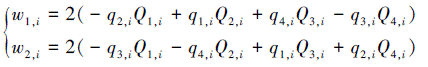 Mathematical equation: \begin{document} $ \left\{\begin{array}{l} w_{1, i}=2\left(-q_{2, i} Q_{1, i}+q_{1, i} Q_{2, i}+q_{4, i} Q_{3, i}-q_{3, i} Q_{4, i}\right) \\ w_{2, i}=2\left(-q_{3, i} Q_{1, i}-q_{4, i} Q_{2, i}+q_{1, i} Q_{3, i}+q_{2, i} Q_{4, i}\right) \end{array}\right. $ \end{document}