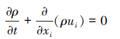 Mathematical equation: \begin{document} $\frac{\partial \rho}{\partial t}+\frac{\partial}{\partial x_i}\left(\rho u_i\right)=0$ \end{document}