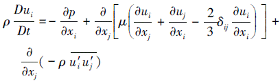 Mathematical equation: \begin{document} $\begin{aligned} \rho \frac{D u_i}{D t} & =-\frac{\partial p}{\partial x_i}+\frac{\partial}{\partial x_j}\left[\mu\left(\frac{\partial u_i}{\partial x_j}+\frac{\partial u_j}{\partial x_i}-\frac{2}{3} \delta_{i j} \frac{\partial u_i}{\partial x_i}\right)\right]+ \\ & \frac{\partial}{\partial x_j}\left(-\rho \overline{u_i^{\prime} u_j^{\prime}}\right)\end{aligned}$ \end{document}