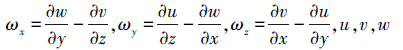 Mathematical equation: \begin{document}$\omega_x=\frac{\partial w}{\partial y}-\frac{\partial v}{\partial z}, \omega_y=\frac{\partial u}{\partial z}-\frac{\partial w}{\partial x}, \omega_z=\frac{\partial v}{\partial x}-\frac{\partial u}{\partial y}$\end{document}