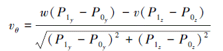 Mathematical equation: \begin{document} $v_\theta=\frac{w\left(P_{1_y}-P_{0_y}\right)-v\left(P_{1_z}-P_{0_z}\right)}{\sqrt{\left(P_{1_y}-P_{0_y}\right)^2+\left(P_{1_z}-P_{0_z}\right)^2}}$ \end{document}