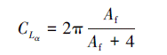 Mathematical equation: \begin{document} $C_{L_\alpha}=2 \pi \frac{A_{\mathrm{f}}}{A_{\mathrm{f}}+4}$ \end{document}