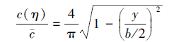 Mathematical equation: \begin{document} $\frac{c(\eta)}{\bar{c}}=\frac{4}{\pi} \sqrt{1-\left(\frac{y}{b / 2}\right)^2}$ \end{document}