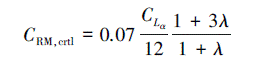 Mathematical equation: \begin{document} $C_{\mathrm{RM}, \mathrm{crtl}}=0.07 \frac{C_{L_\alpha}}{12} \frac{1+3 \lambda}{1+\lambda}$ \end{document}