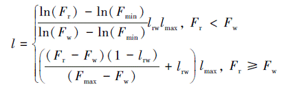 Mathematical equation: \begin{document} $l=\left\{\begin{array}{l}\frac{\ln \left(F_{\mathrm{r}}\right)-\ln \left(F_{\min }\right)}{\ln \left(F_{\mathrm{w}}\right)-\ln \left(F_{\min }\right)} l_{\mathrm{rw}} l_{\max }, F_{\mathrm{r}}<F_{\mathrm{w}} \\ \left(\frac{\left(F_{\mathrm{r}}-F_{\mathrm{w}}\right)\left(1-l_{\mathrm{rw}}\right)}{\left(F_{\max }-F_{\mathrm{w}}\right)}+l_{\mathrm{rw}}\right) l_{\max }, F_{\mathrm{r}} \geqslant F_{\mathrm{w}}\end{array}\right.$ \end{document}
