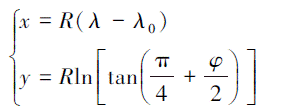 Mathematical equation: \begin{document} $\left\{\begin{array}{l}x=R\left(\lambda-\lambda_0\right) \\ y=R \ln \left[\tan \left(\frac{\pi}{4}+\frac{\varphi}{2}\right)\right]\end{array}\right.$ \end{document}