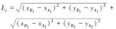 Mathematical equation: \begin{document} $\begin{gathered}L_{\mathrm{s}}=\sqrt{\left(x_{B_1}-x_{A_1}\right)^2+\left(y_{B_1}-y_{A_1}\right)^2}+ \\ \sqrt{\left(x_{B_2}-x_{A_2}\right)^2+\left(y_{B_2}-y_{A_2}\right)^2}\end{gathered}$ \end{document}