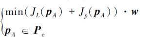 Mathematical equation: \begin{document} $\left\{\begin{array}{l}\min \left(J_L\left(\boldsymbol{p}_A\right)+J_p\left(\boldsymbol{p}_A\right)\right) \cdot \boldsymbol{w} \\ \boldsymbol{p}_A \in \boldsymbol{P}_{\mathrm{c}}\end{array}\right.$ \end{document}