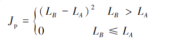 Mathematical equation: \begin{document} $J_{\mathrm{p}}= \begin{cases}\left(L_B-L_A\right)^2 & L_B>L_A \\ 0 & L_B \leqslant L_A\end{cases}$ \end{document}