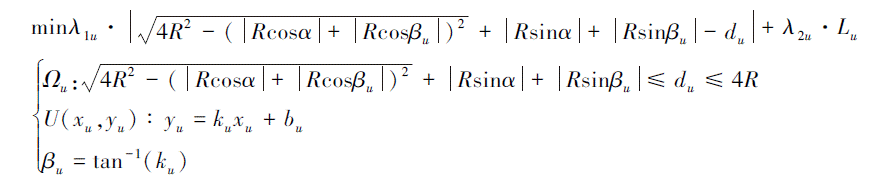 Mathematical equation: \begin{document} $\begin{aligned} & \min \lambda_{1 u} \cdot\left|\sqrt{4 R^2-\left(|R \cos \alpha|+\left|R \cos \beta_u\right|\right)^2}+|R \sin \alpha|+\left|R \sin \beta_u\right|-d_u\right|+\lambda_{2 u} \cdot L_u \\ & \left\{\begin{array}{l}\varOmega_u: \sqrt{4 R^2-\left(|R \cos \alpha|+\left|R \cos \beta_u\right|\right)^2}+|R \sin \alpha|+\left|R \sin \beta_u\right| \leqslant d_u \leqslant 4 R \\ U\left(x_u, y_u\right): y_u=k_u x_u+b_u \\ \beta_u=\tan ^{-1}\left(k_u\right)\end{array}\right.\end{aligned}$ \end{document}