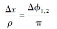 Mathematical equation: \begin{document} $\frac{\Delta x}{\rho}=\frac{\Delta \phi_{1, 2}}{\pi}$ \end{document}