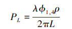 Mathematical equation: \begin{document} $P_L=\frac{\lambda \phi_{1, 4} \rho}{2 \pi L}$ \end{document}