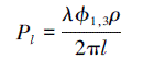 Mathematical equation: \begin{document} $P_l=\frac{\lambda \phi_{1, 3} \rho}{2 \pi l}$ \end{document}