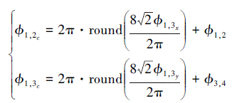 Mathematical equation: \begin{document} $\left\{\begin{array}{l}\phi_{1, 2_c}=2 \pi \cdot \text { round }\left(\frac{8 \sqrt{2} \phi_{1, 3_x}}{2 \pi}\right)+\phi_{1, 2} \\ \phi_{1, 3_c}=2 \pi \cdot \text { round }\left(\frac{8 \sqrt{2} \phi_{1, 3_y}}{2 \pi}\right)+\phi_{3, 4}\end{array}\right.$ \end{document}