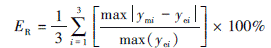 Mathematical equation: \begin{document} $ E_{\mathrm{R}}=\frac{1}{3} \sum\limits_{i=1}^3\left[\frac{\max \left|y_{\mathrm{m} i}-y_{\mathrm{e} i}\right|}{\max \left(y_{\mathrm{e} i}\right)}\right] \times 100 \% $ \end{document}