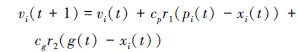 Mathematical equation: \begin{document} $ \begin{aligned} & v_i(t+1)=v_i(t)+c_p r_1\left(p_i(t)-x_i(t)\right)+ \\ & \quad c_g r_2\left(g(t)-x_i(t)\right) \end{aligned} $ \end{document}