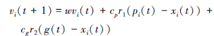 Mathematical equation: \begin{document} $ \begin{aligned} & v_i(t+1)=w v_i(t)+c_p r_1\left(p_i(t)-x_i(t)\right)+ \\ & \quad c_g r_2\left(g(t)-x_i(t)\right) \end{aligned} $ \end{document}
