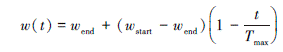 Mathematical equation: \begin{document} $ w(t)=w_{\text {end }}+\left(w_{\text {start }}-w_{\text {end }}\right)\left(1-\frac{t}{T_{\max }}\right) $ \end{document}