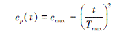 Mathematical equation: \begin{document} $ c_p(t)=c_{\max }-\left(\frac{t}{T_{\max }}\right)^2 $ \end{document}