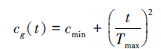 Mathematical equation: \begin{document} $ c_g(t)=c_{\min }+\left(\frac{t}{T_{\max }}\right)^2 $ \end{document}