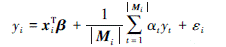 Mathematical equation: \begin{document} $ y_i=\boldsymbol{x}_i^{\mathrm{T}} \boldsymbol{\beta}+\frac{1}{\left|\boldsymbol{M}_i\right|} \sum\limits_{t=1}^{\left|\boldsymbol{M}_i\right|} \alpha_t y_t+\varepsilon_i $ \end{document}