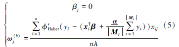 Mathematical equation: \begin{document} $ \left\{\begin{array}{c} \beta_j=0 \\ \omega_j^{(k)}=\frac{\sum\limits_{i=1}^n \phi_{\text {Huber }}^{\prime}\left(y_i-\left(\boldsymbol{x}_i^{\mathrm{T}} \boldsymbol{\beta}+\frac{\alpha}{\left|\boldsymbol{M}_i\right|} \sum\limits_{t=1}^{\left|\boldsymbol{M}_i\right|} y_t\right)\right) x_{i j}}{n \lambda} \end{array}\right. $ \end{document}