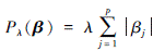 Mathematical equation: \begin{document}$P_\lambda(\boldsymbol{\beta})=\lambda \sum\limits_{j=1}^p\left|\beta_j\right|$\end{document}