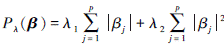 Mathematical equation: \begin{document}$P_\lambda(\boldsymbol{\beta})=\lambda_1 \sum\limits_{j=1}^p\left|\beta_j\right|+\lambda_2 \sum\limits_{j=1}^p\left|\beta_j\right|^2$\end{document}