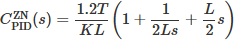 $ C_{\mathrm{PID}}^{\mathrm{ZN}}(s)=\frac{1.2 T}{K L}\left(1+\frac{1}{2 L s}+\frac{L}{2} s\right)$